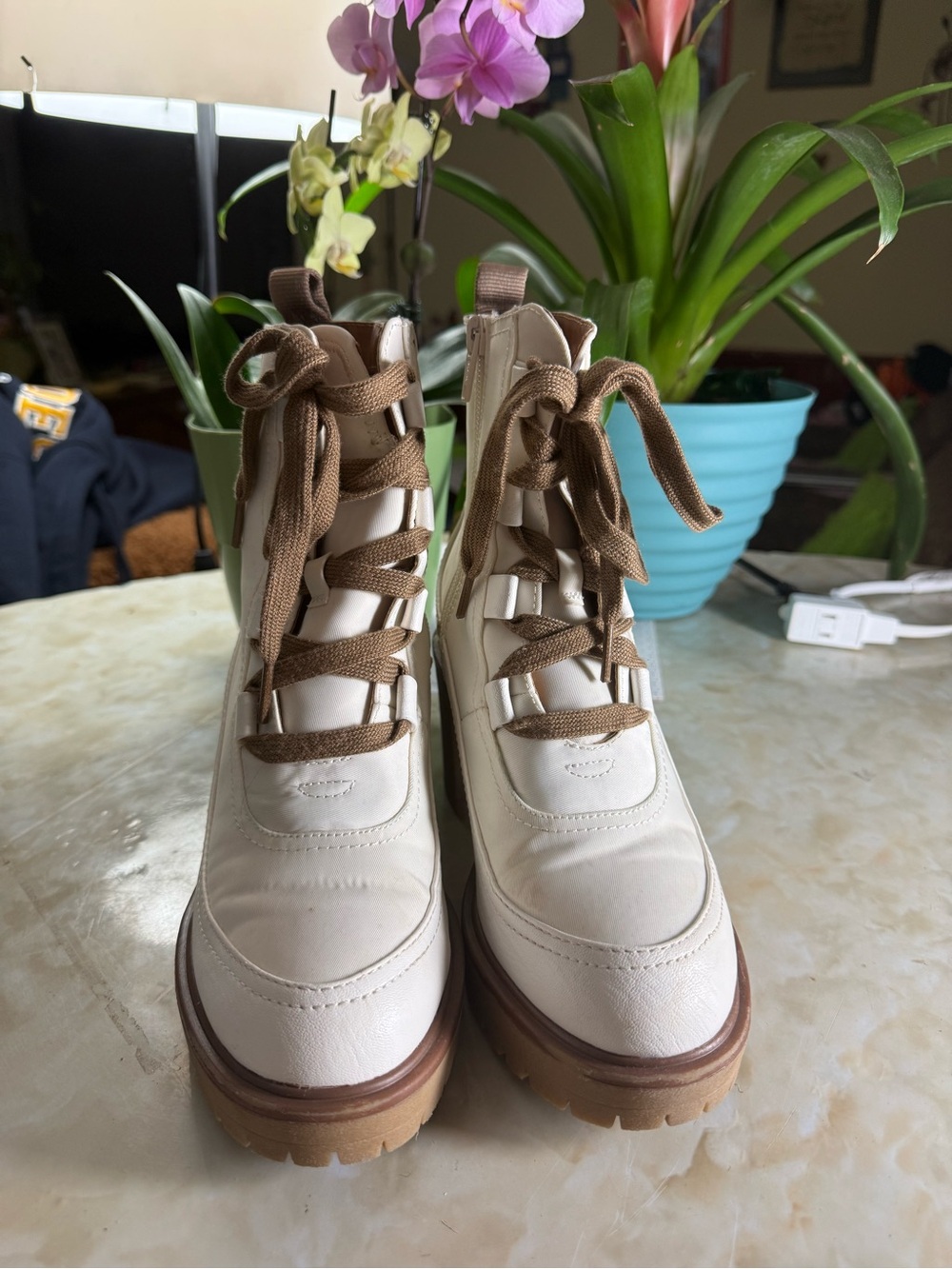 Women’s Cream Lace-Up Platform Boots with Brown Laces